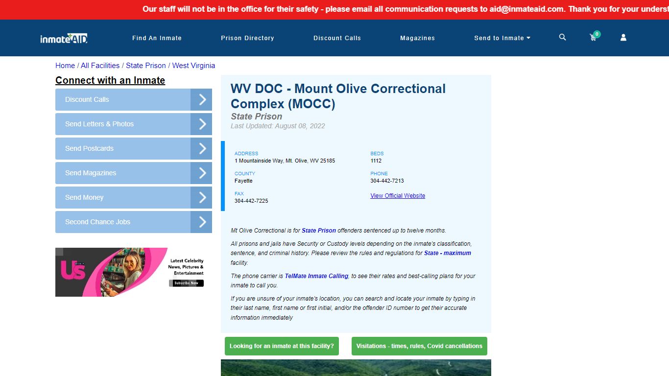 WV DOC - Mount Olive Correctional Complex (MOCC) & Inmate ...